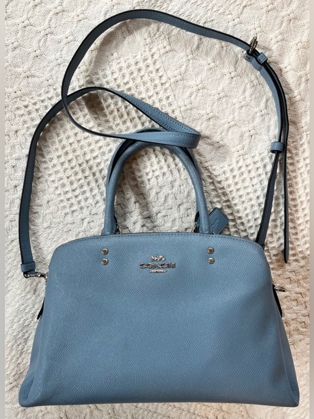 Coach Mini Lillie Carryall Bag in Light Blue Crossgrain Leather, Crossbody Strap